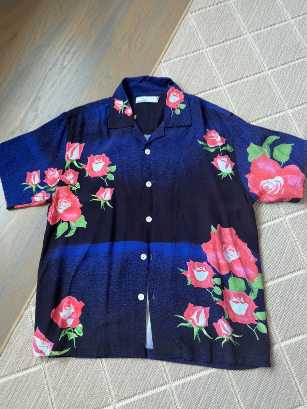 Bali Hawaiian Navy Floral Button-Up Blouse with Pink Roses- NEW fits a M/L